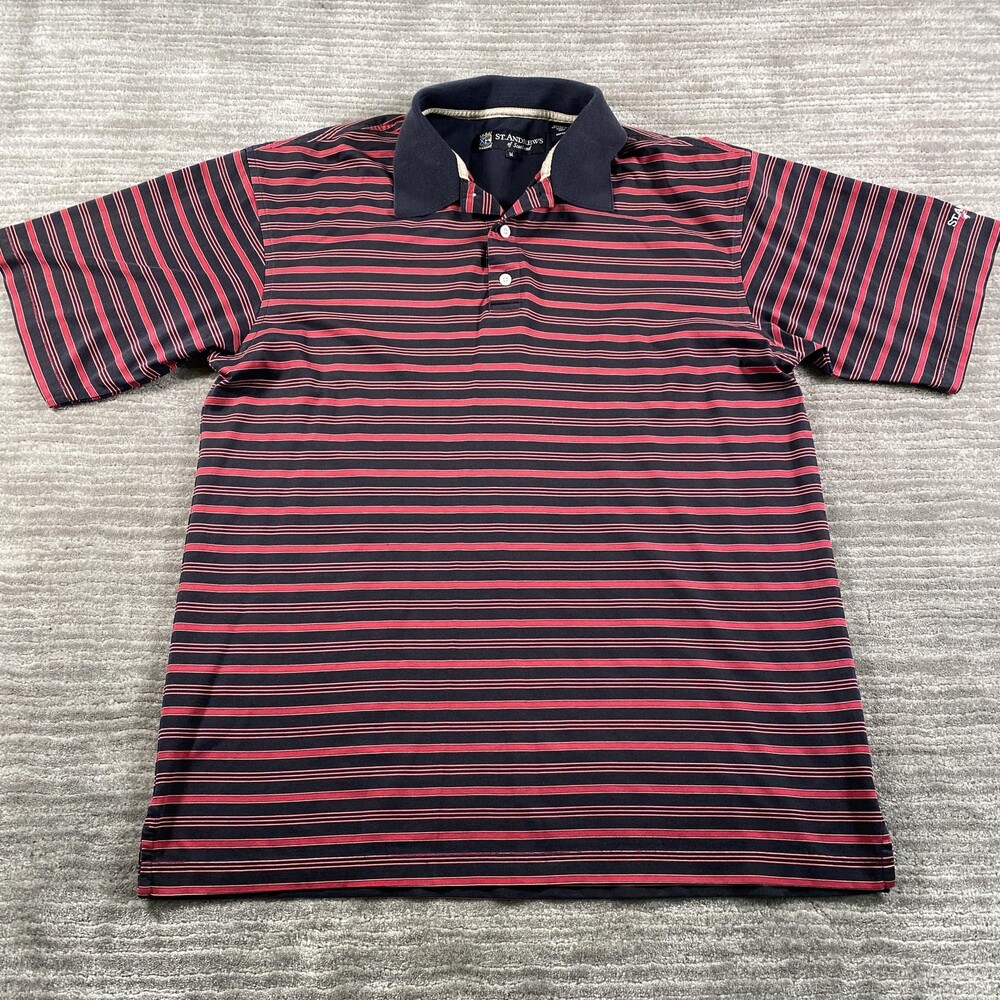 St Andrews Of Scotland Polo Shirt Mens Medium Navy Red Stripe Golf Crest Logo